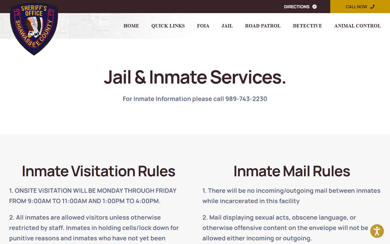 Shiawassee County inmate custody search information on the official jail page